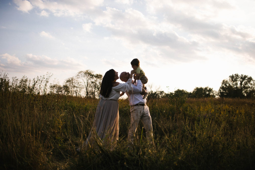 Mokena Location Forest Preserve Elle Baker Photography family of three at sunset in field 