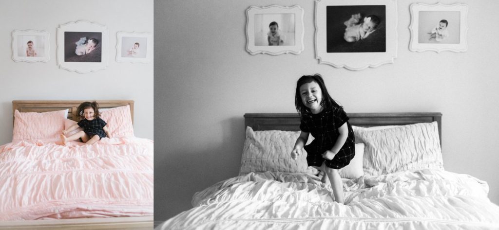 Family time in Lisle IL | Chicago family and lifestyle photographer captures  girl jumping on bed
