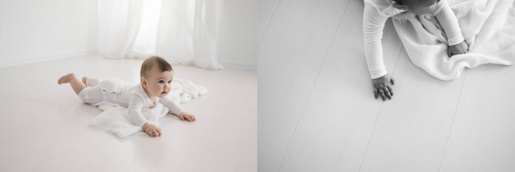 Six Month Milestone Sessions including a gorgeous baby boy in a cotton onsie and photographed in a beautiful white studio space.  