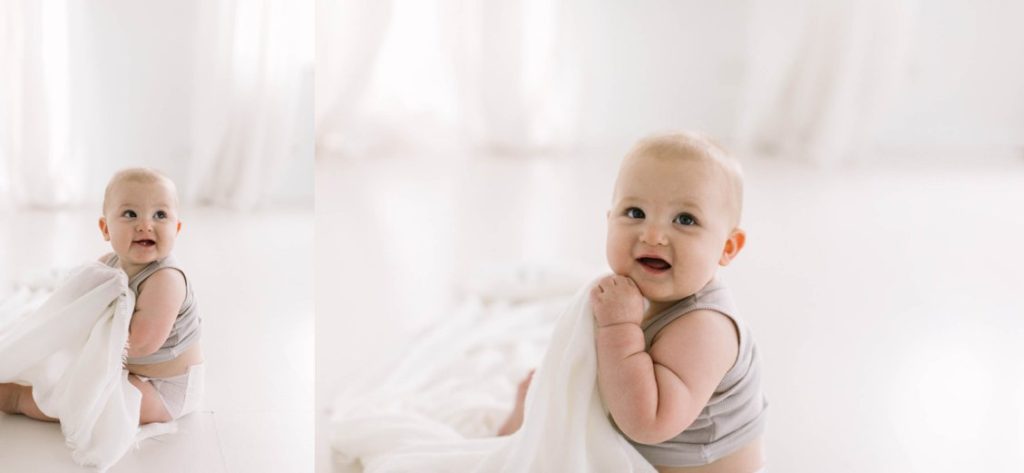 Detail shots during a baby session, Elle Baker Photography, La Grange Illinois baby photographer, baby boy smiling in white studio