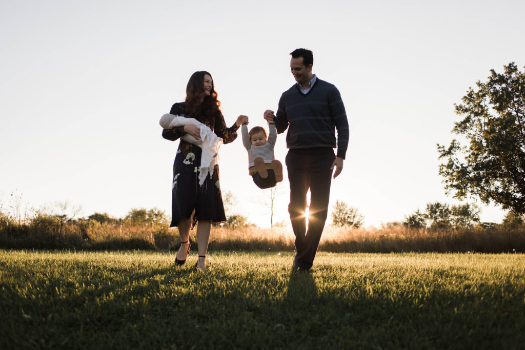 Naperville Illinois Forest Preserve, Photos by Elle Baker photography, family of four walking during sunset session, toddler and newborn 