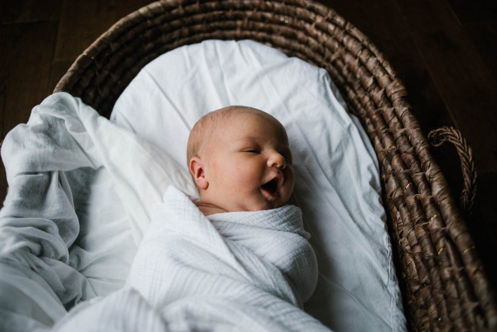 Chicago newborn and family lifestyle photographer, Elle Baker Photography, newborn lifestyle home session and baby is in basket