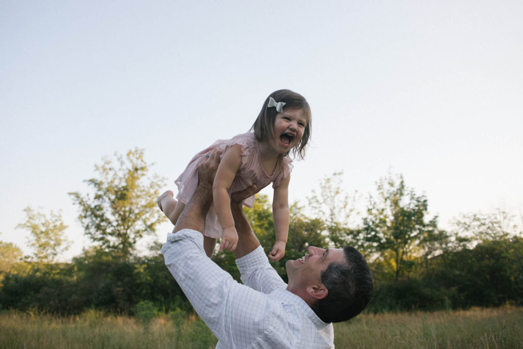 Hickory Creek Preserve in Mokena, IL, Photo by Elle Baker Photography, little girl laughing with dad as he holds her in the air