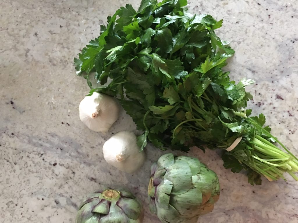 Stuffed Artichoke Recipe, Photos by Elle Baker photography, parsley, garlic, and artichoke 