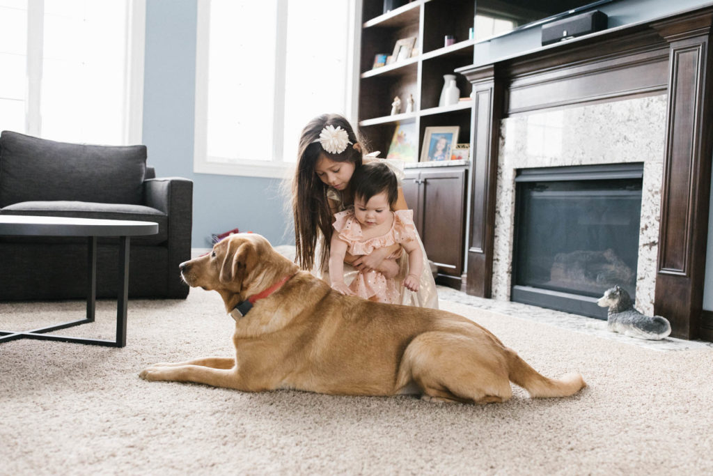 two little girls playing with their dog in their family room during lifestyle session with Laurie Baker