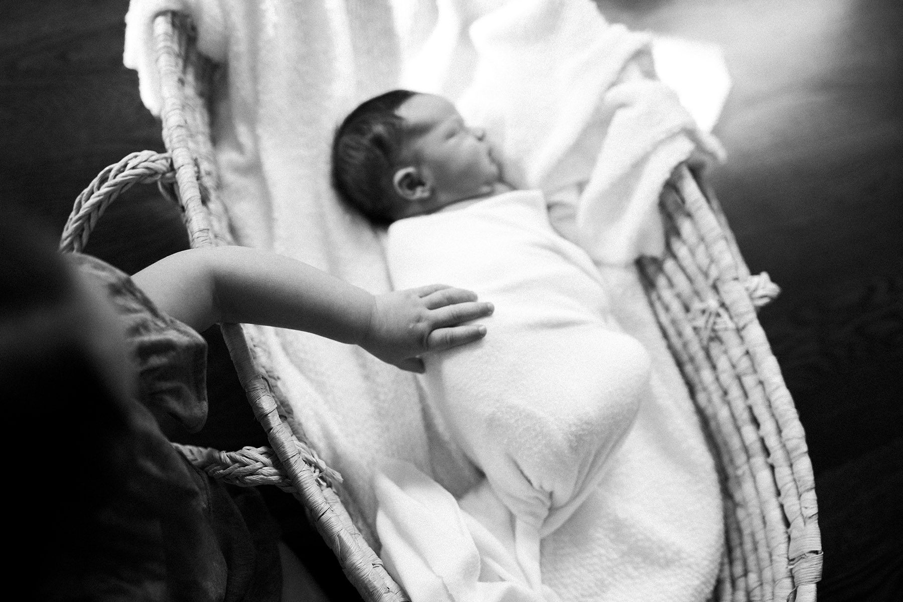 Downers Grove newborn photographer captured this image of a newborn baby laying in a Moses basket with her big sister reaching in to touch her.