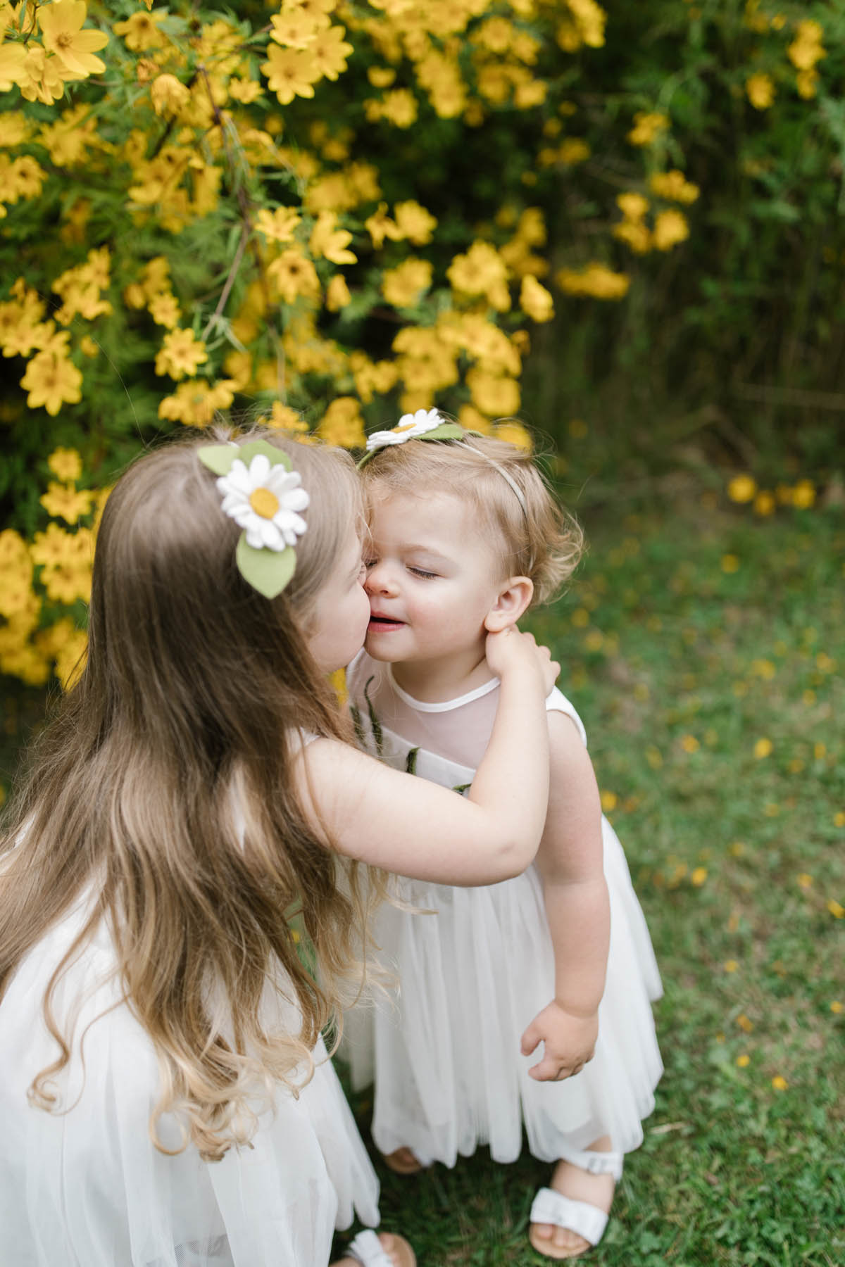 little girl kissing her sister 
